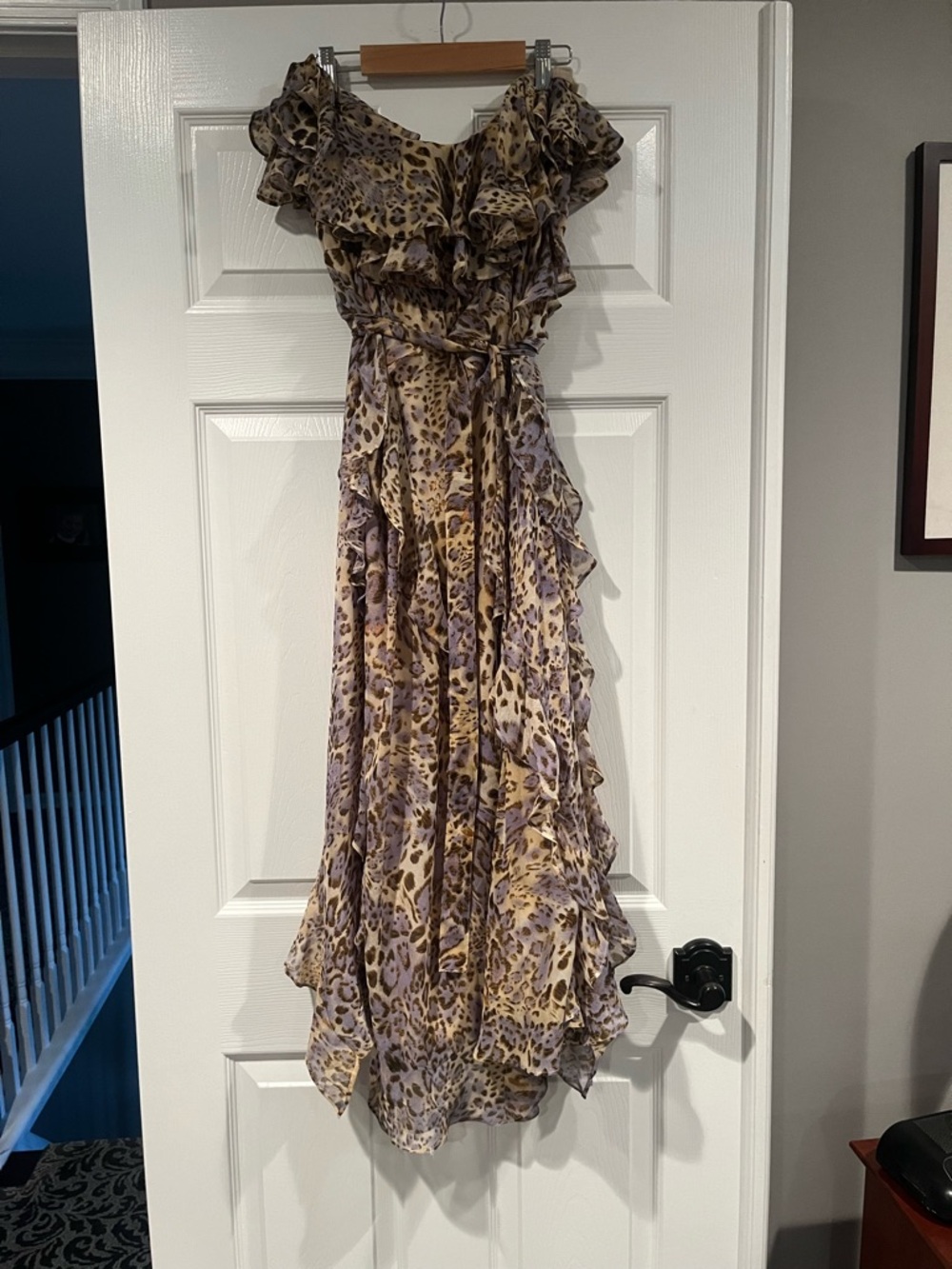 Bardot Leopard Ruffle Maxi Dress in Taupe and Lavender